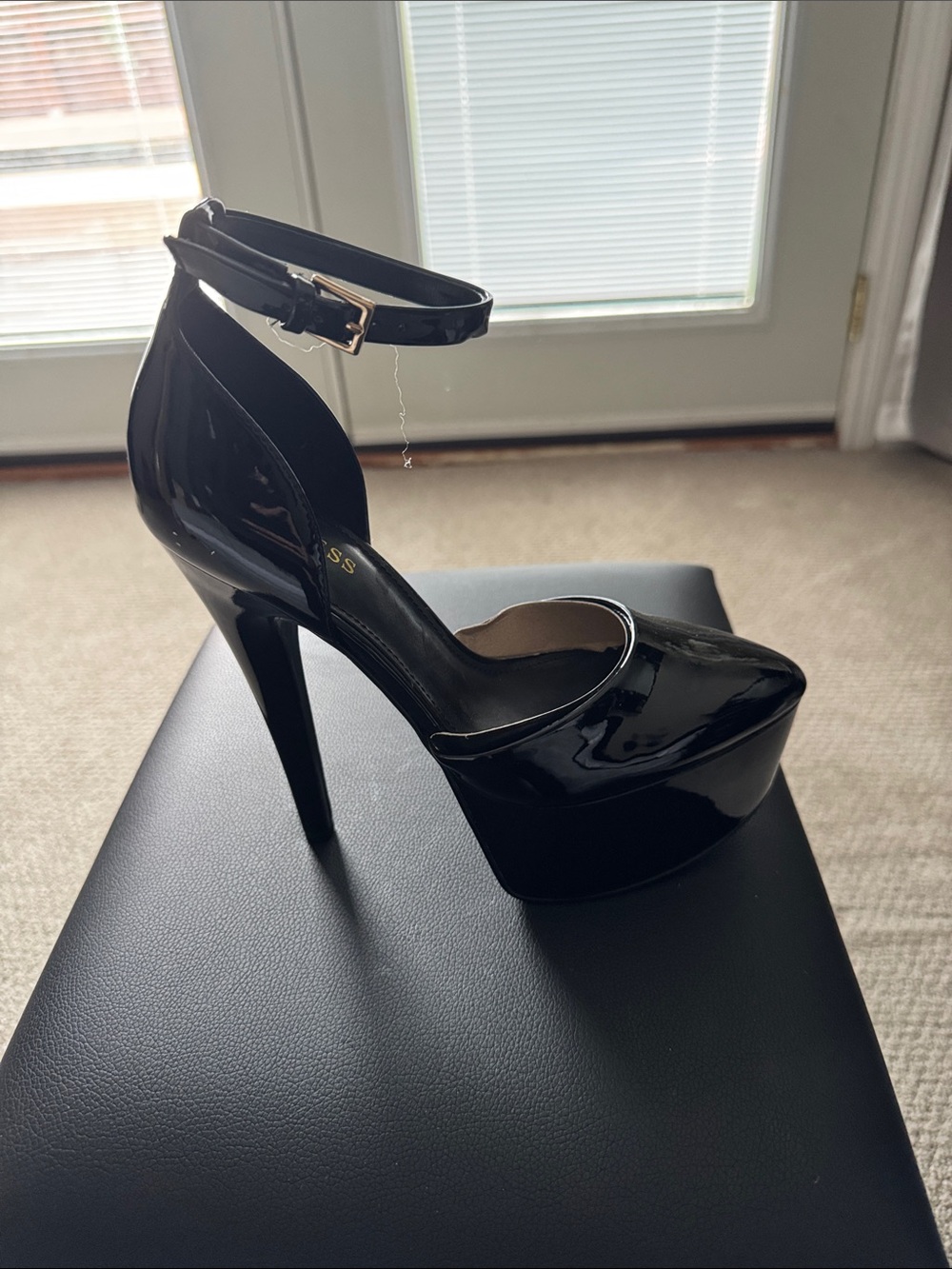 Guess Black Patent Pointed-Toe Ankle-Strap Heel
